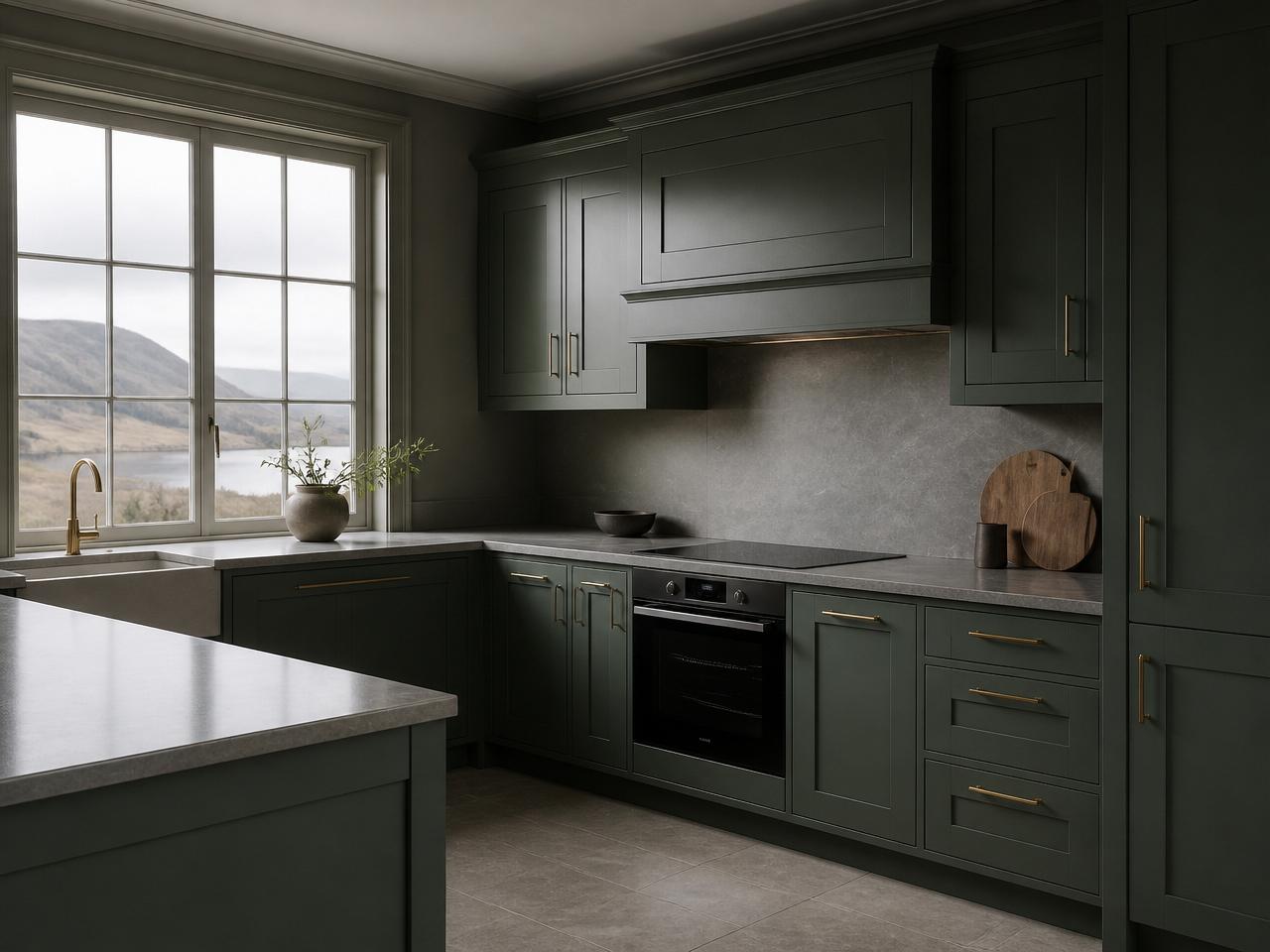 Shaker kitchen cabinets sprayed in deep sage green