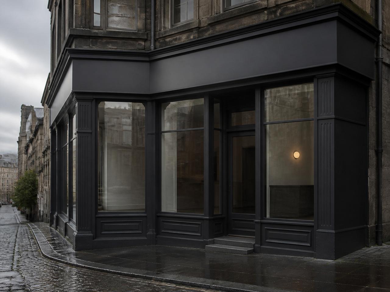 Glasgow commercial shopfront freshly resprayed in deep anthracite